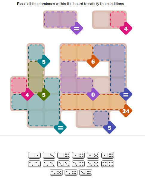 A complex, solved NYT Pips puzzle, demonstrating advanced strategies.
