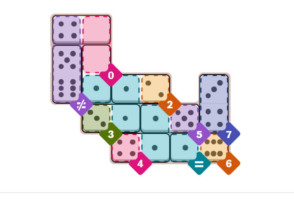 A solved NYT Pips puzzle board showing dominoes correctly placed within colored regions.